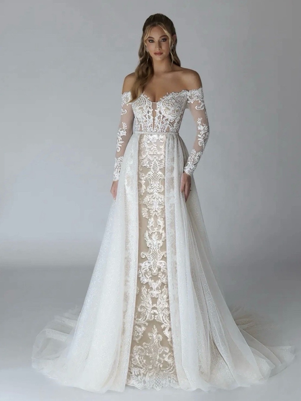 Azazie White and Ivory Off-Shoulder Lace Bridal Gown